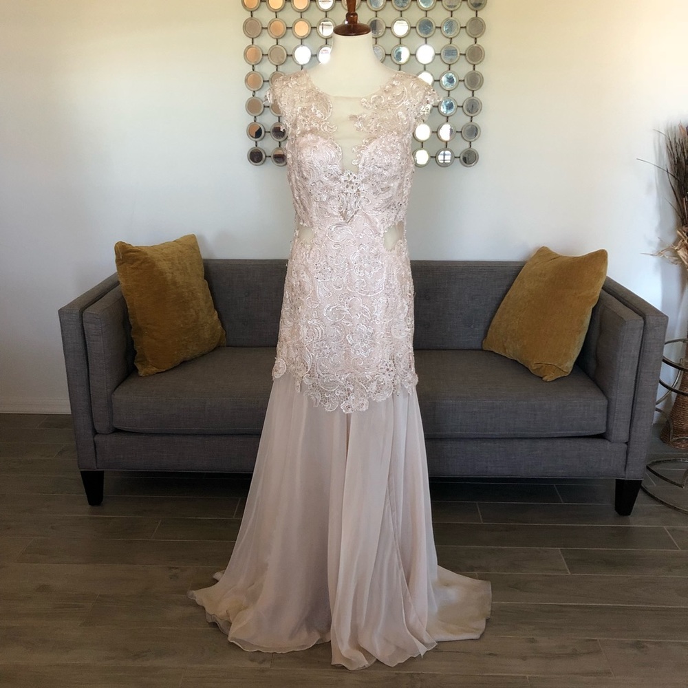 Champagne Lace Overlay Cap Sleeve Evening Gown